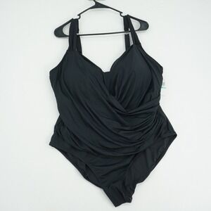 Jantzen Womens Plus Size 26W One Piece Swimsuit Black Ruched Tummy Control